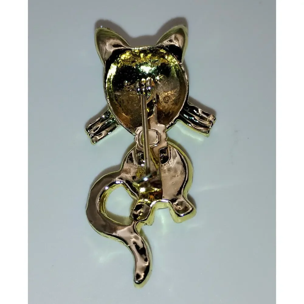Vintage Mid-Century Gold Tone Cat Brooch – Red Rhinestone Eyes - Picture 2 of 2